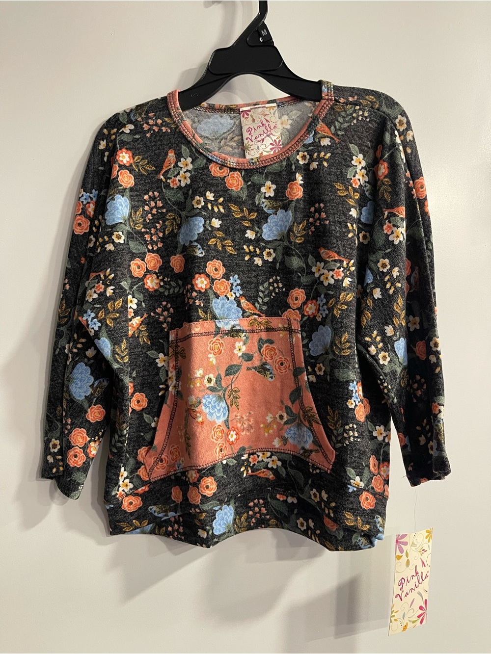 PinkVanilla New Black Floral Pullover Sweatshirt with Coral Pocket